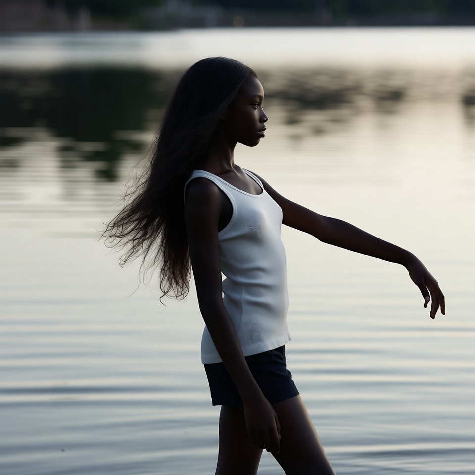 Black girl walking in lake water Black girl walking in lake water