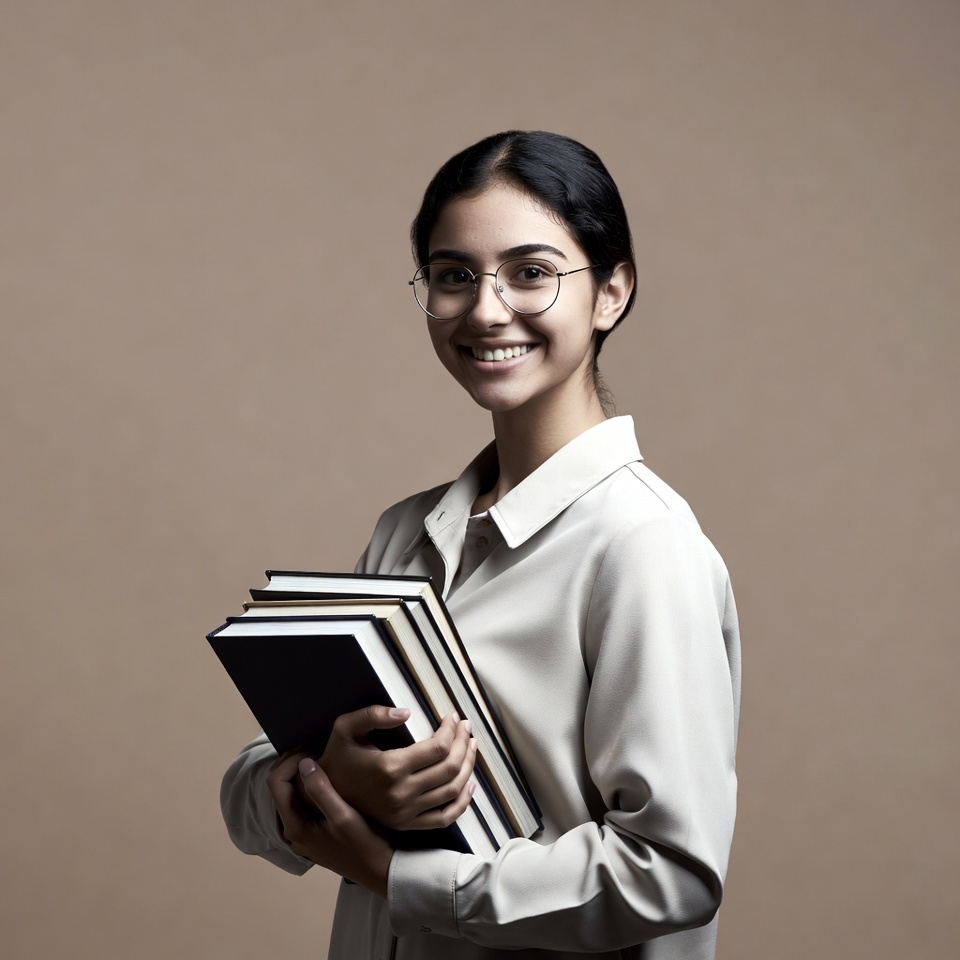 Asian woman holding stack of books Asian woman holding stack of books