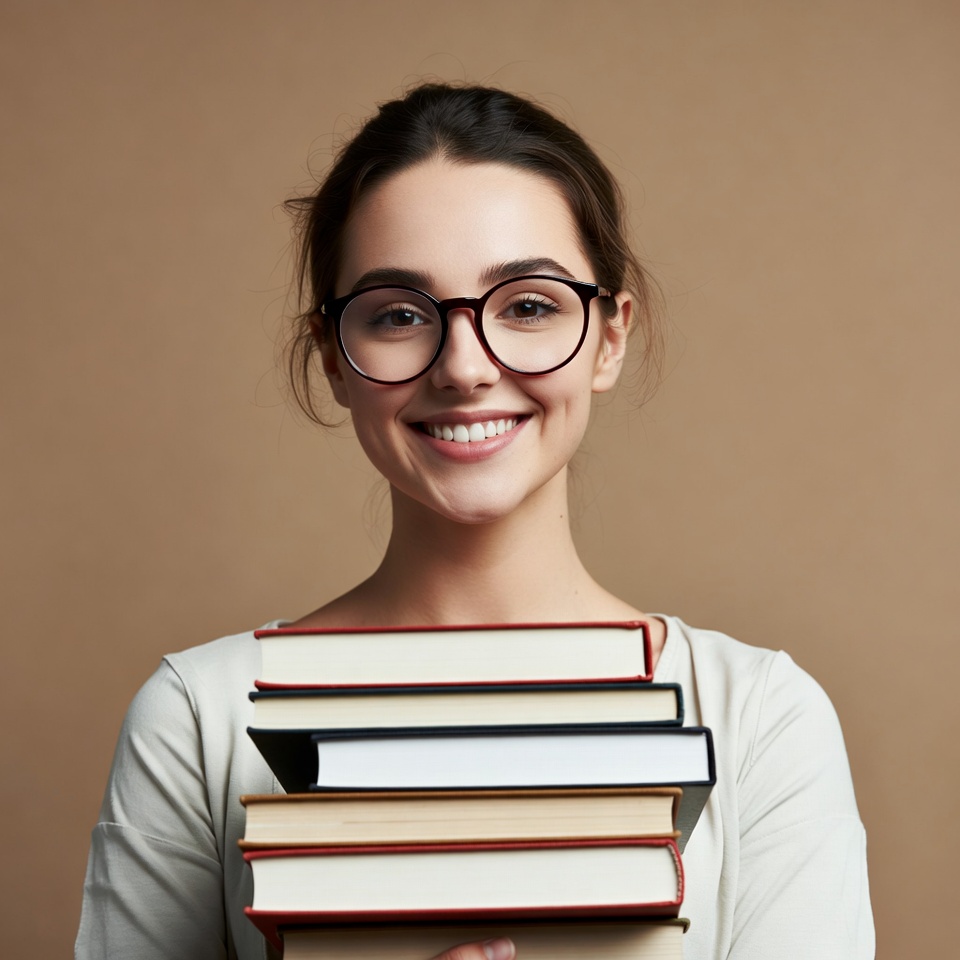 Smiling woman holding stack of books Smiling woman holding stack of books