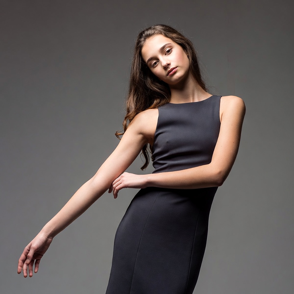 Young woman posing in gray dress Young woman posing in gray dress