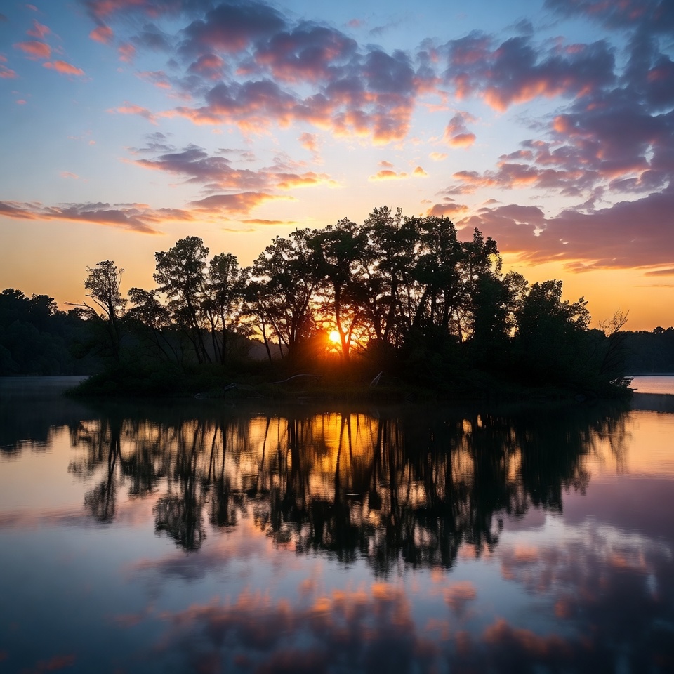 Sunset over island trees reflection Sunset over island trees reflection