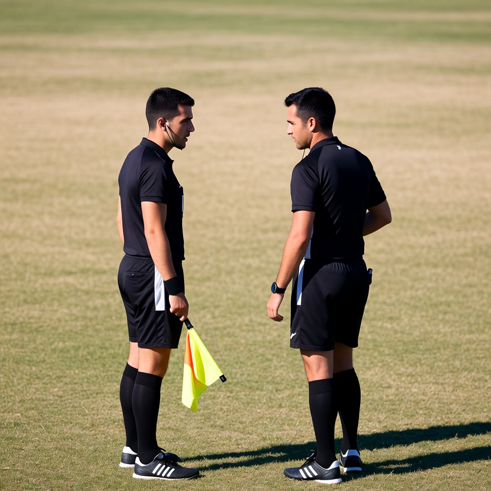 Two soccer referees talking on field Two soccer referees talking on field