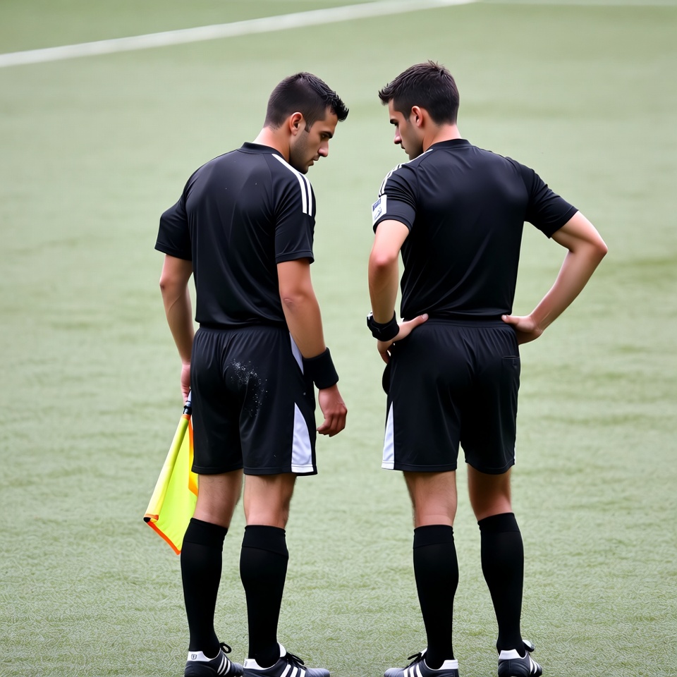 Two male soccer referees standing on field Two male soccer referees standing on field