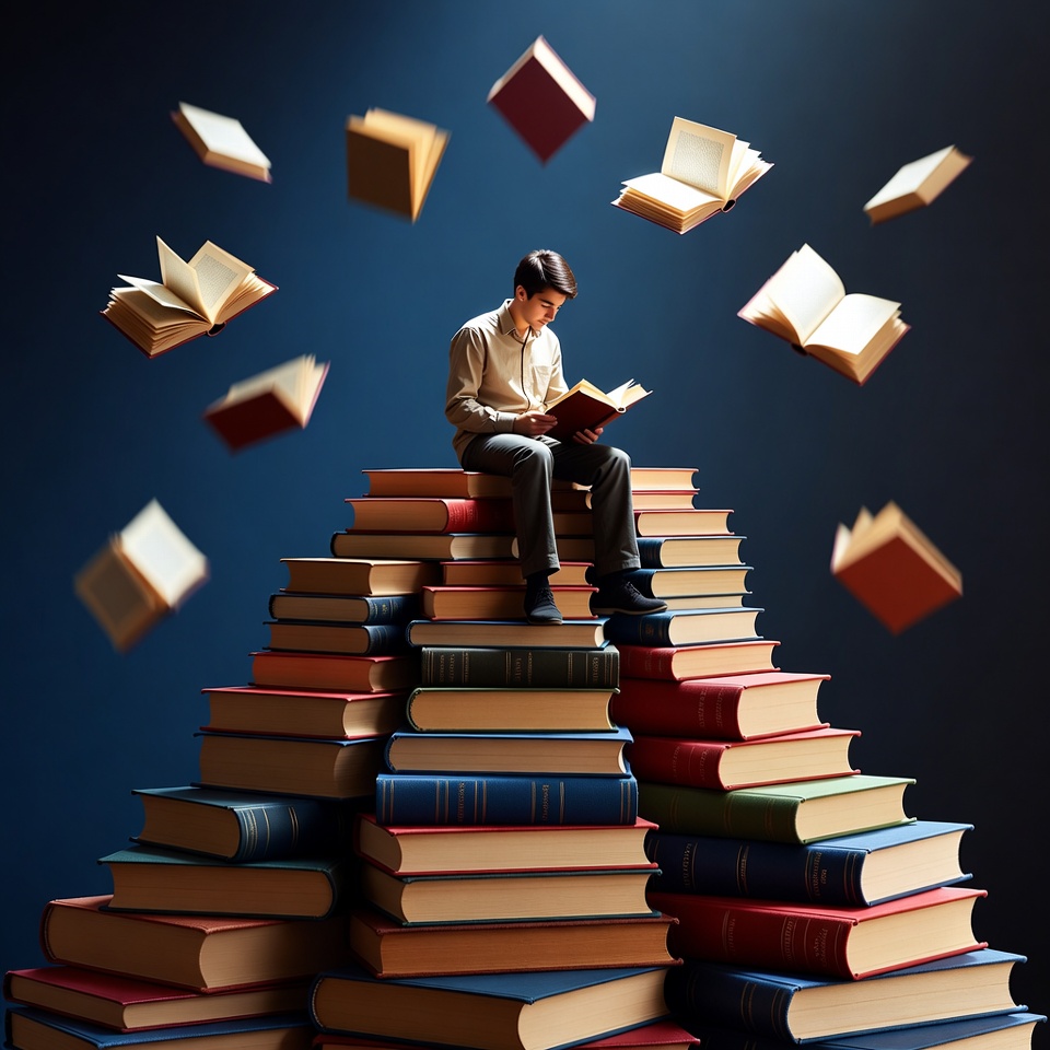 Boy reading atop stack of flying books Boy reading atop stack of flying books