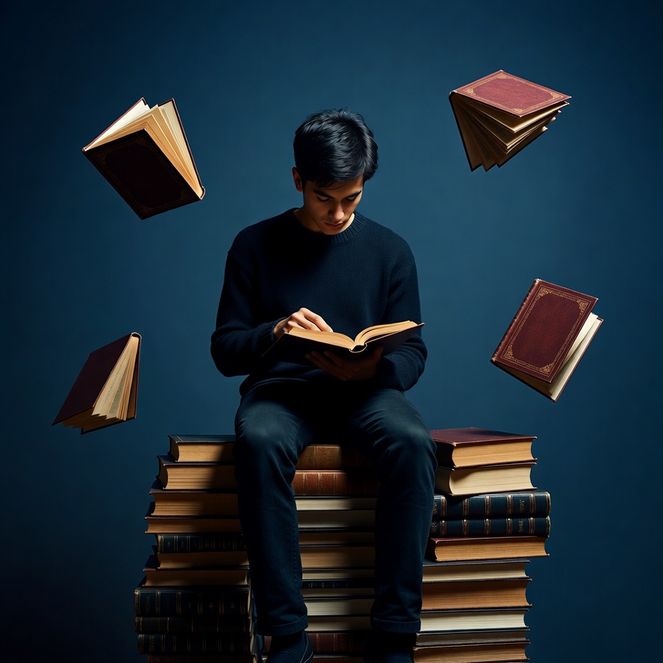 Asian man reading amid floating books Asian man reading amid floating books
