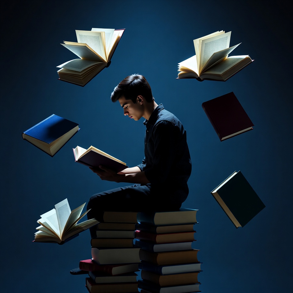 Young man reading surrounded by floating books Young man reading surrounded by floating books