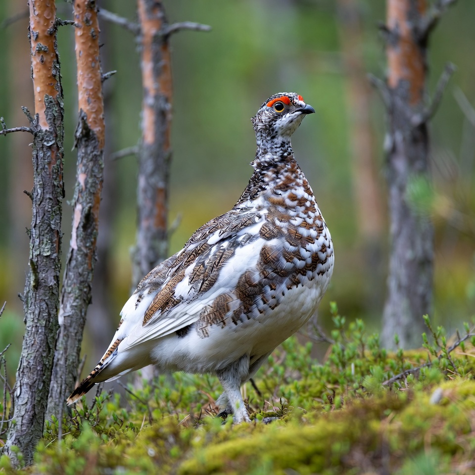 Ptarmigan standing in pine forest Ptarmigan standing in pine forest