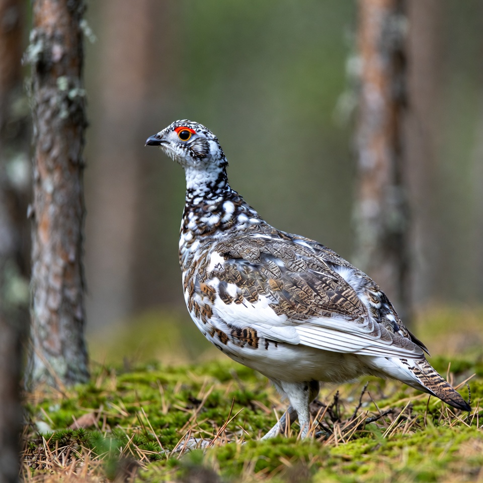 Ptarmigan standing in pine forest Ptarmigan standing in pine forest