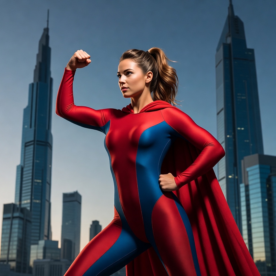 Woman in red superhero suit flexing arm Woman in red superhero suit flexing arm