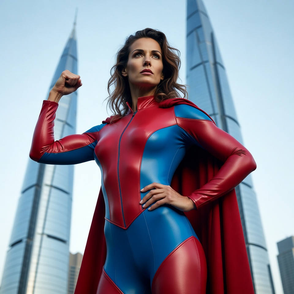 Woman in red blue superhero costume flexing Woman in red blue superhero costume flexing