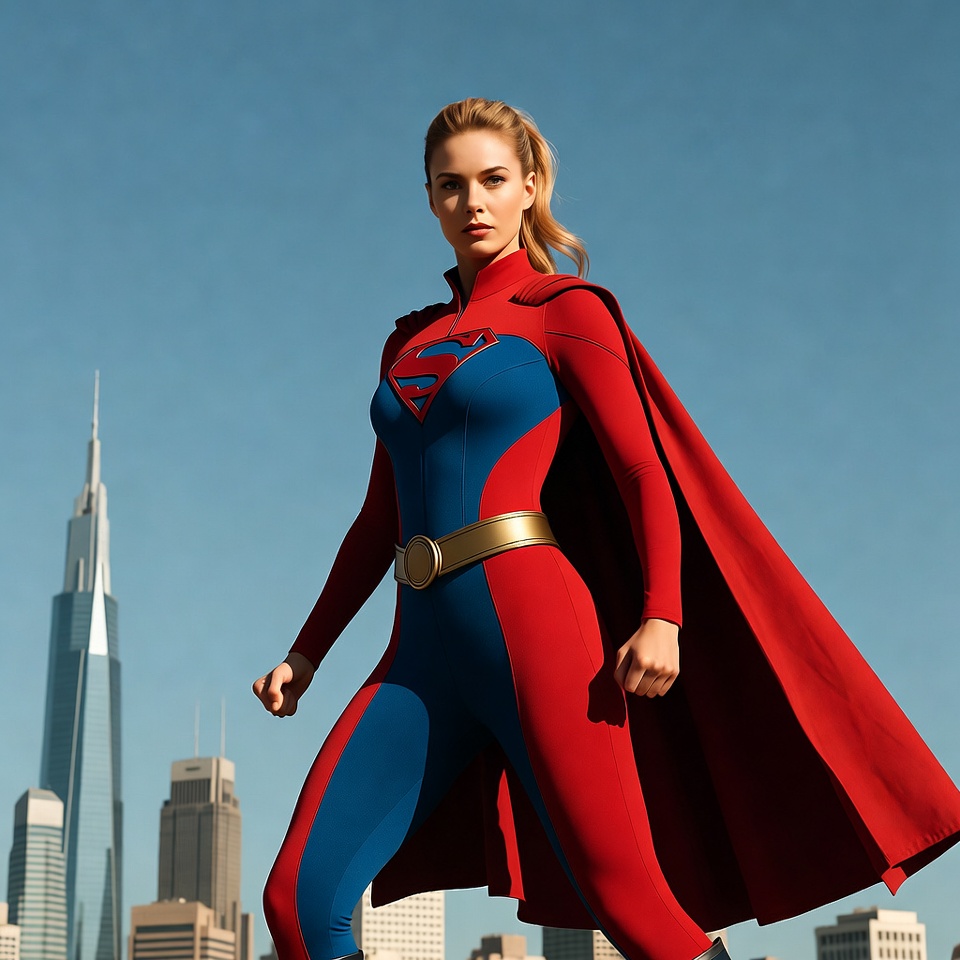 Blonde Supergirl in red blue costume Blonde Supergirl in red blue costume