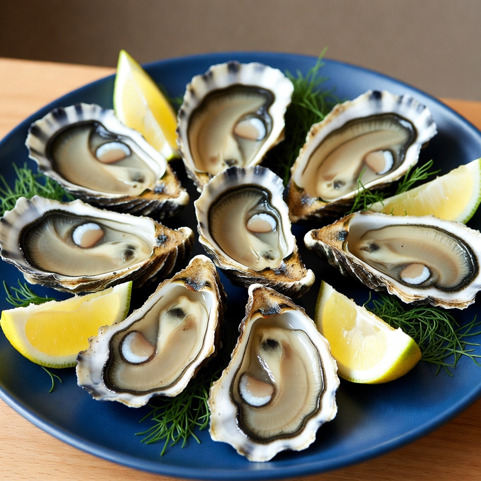 Fresh Oysters on Blue Plate Fresh Oysters on Blue Plate