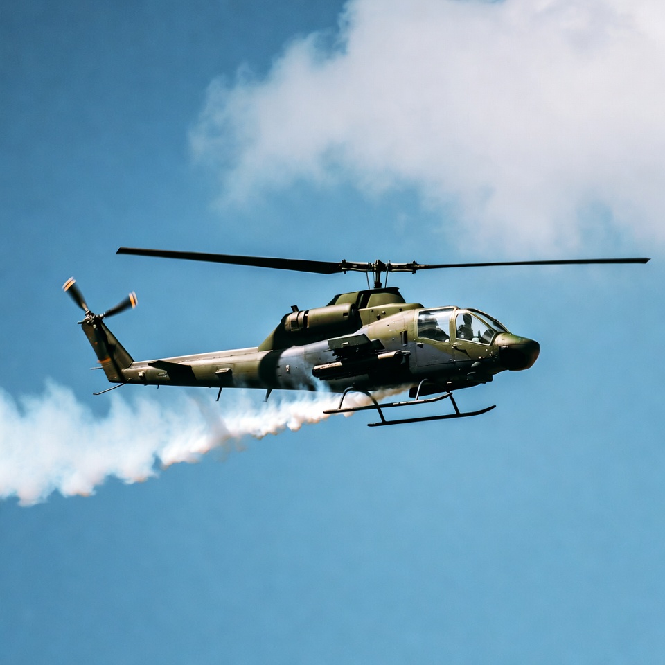 Military helicopter flying with smoke trail Military helicopter flying with smoke trail
