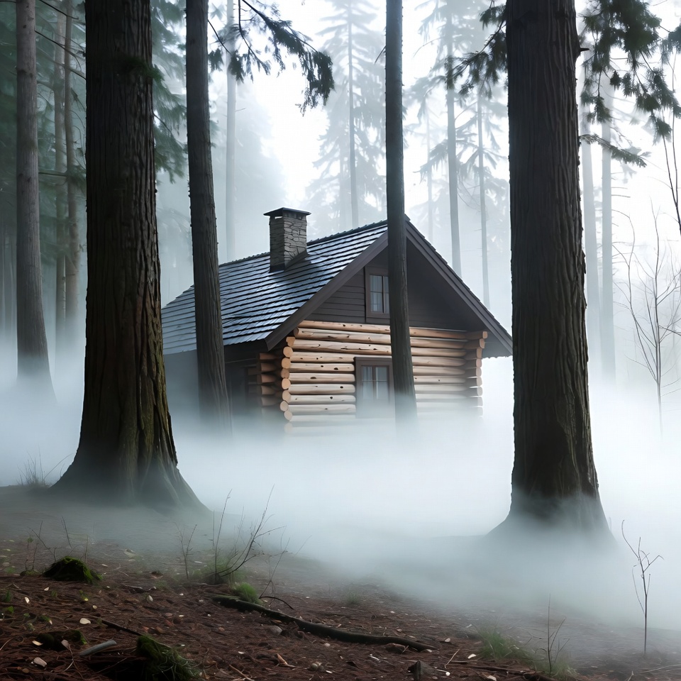Log Cabin in Foggy Forest Log Cabin in Foggy Forest