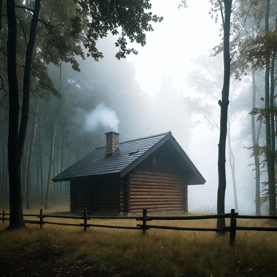 Foggy Wooden Cabin in Forest Foggy Wooden Cabin in Forest