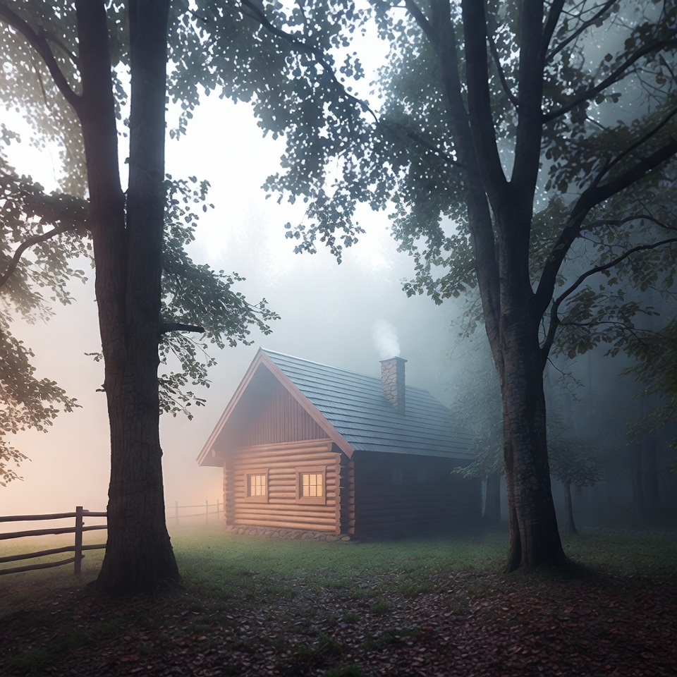 Foggy Wooden Cabin in Forest Foggy Wooden Cabin in Forest