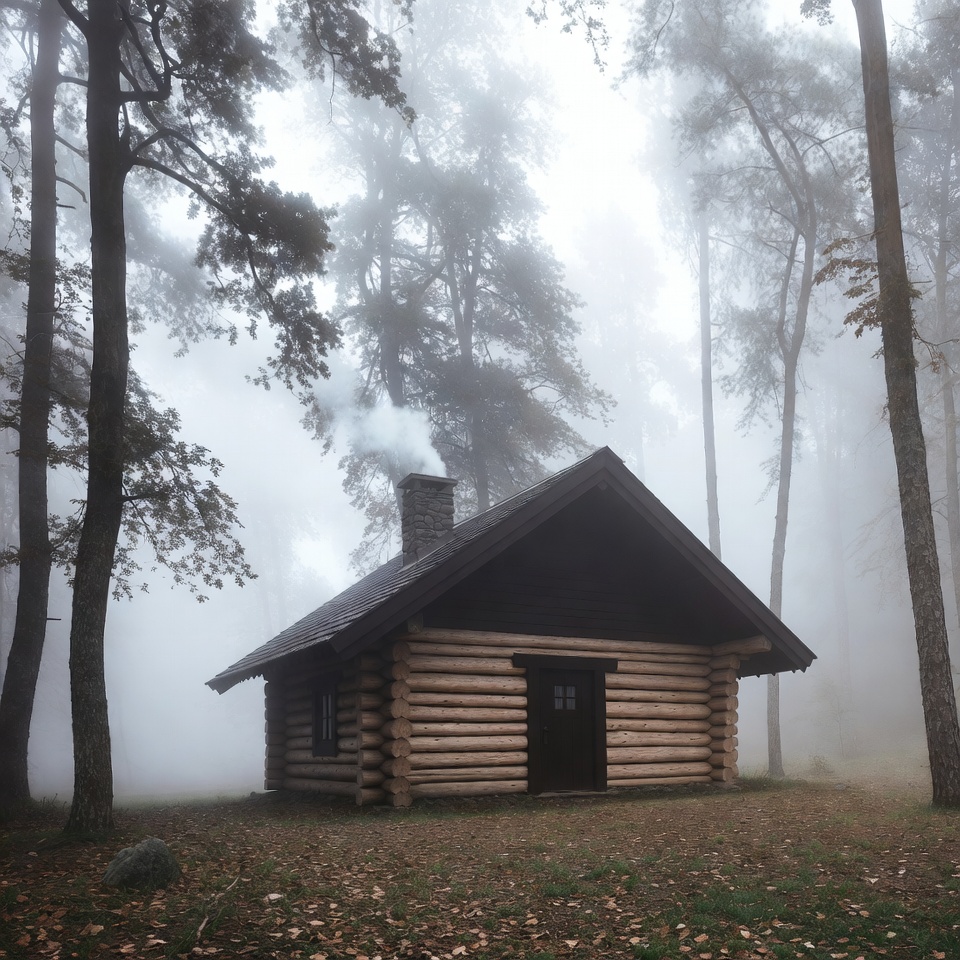 Log cabin in misty forest Log cabin in misty forest