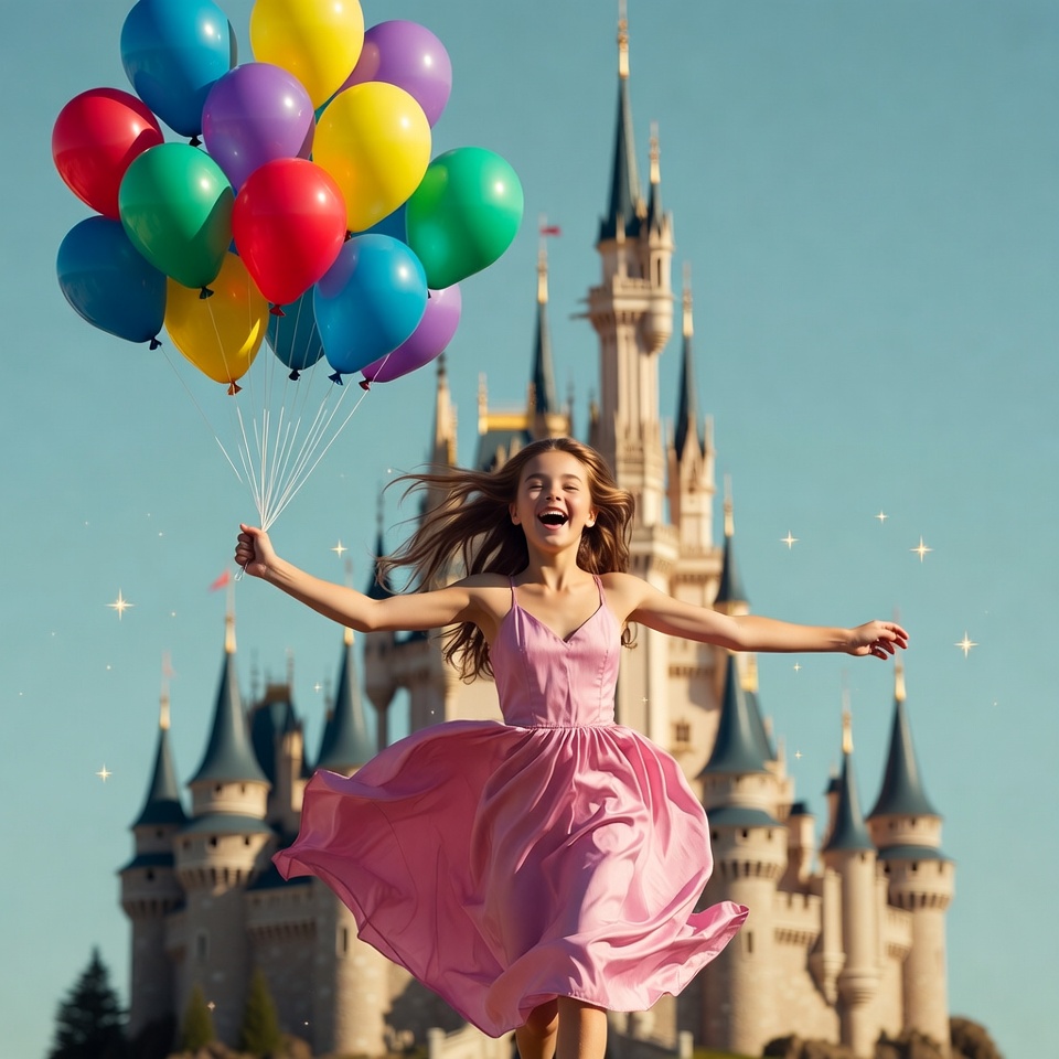 Girl holding colorful balloons at castle Girl holding colorful balloons at castle