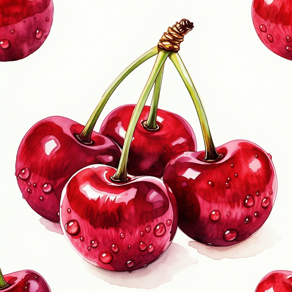Watercolor Cherries with Dew Drops Watercolor Cherries with Dew Drops