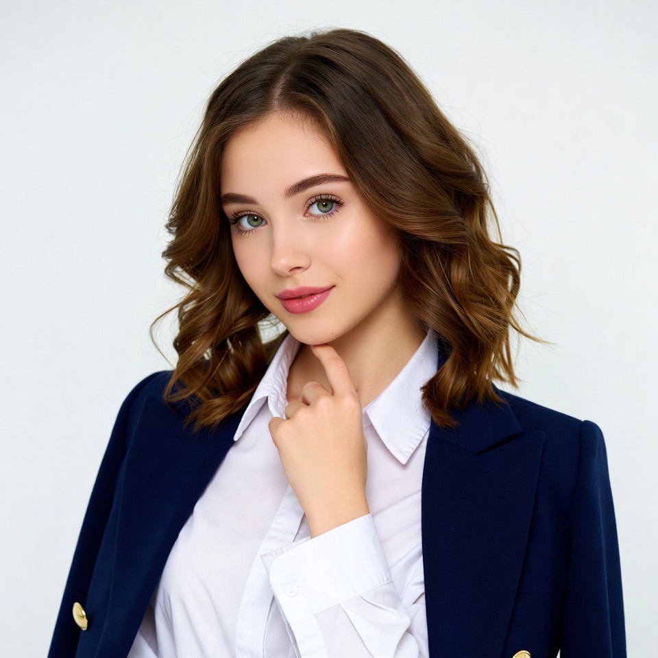 Young woman touching chin in blazer Young woman touching chin in blazer