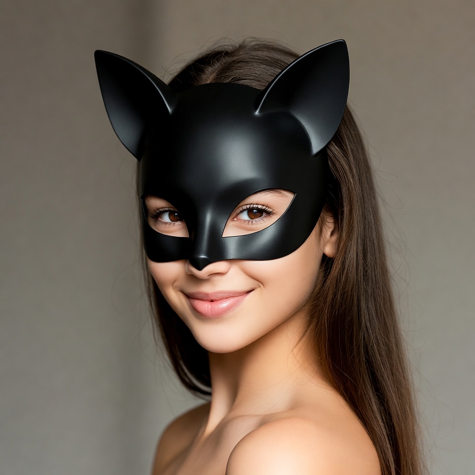 Woman wearing black cat mask Woman wearing black cat mask