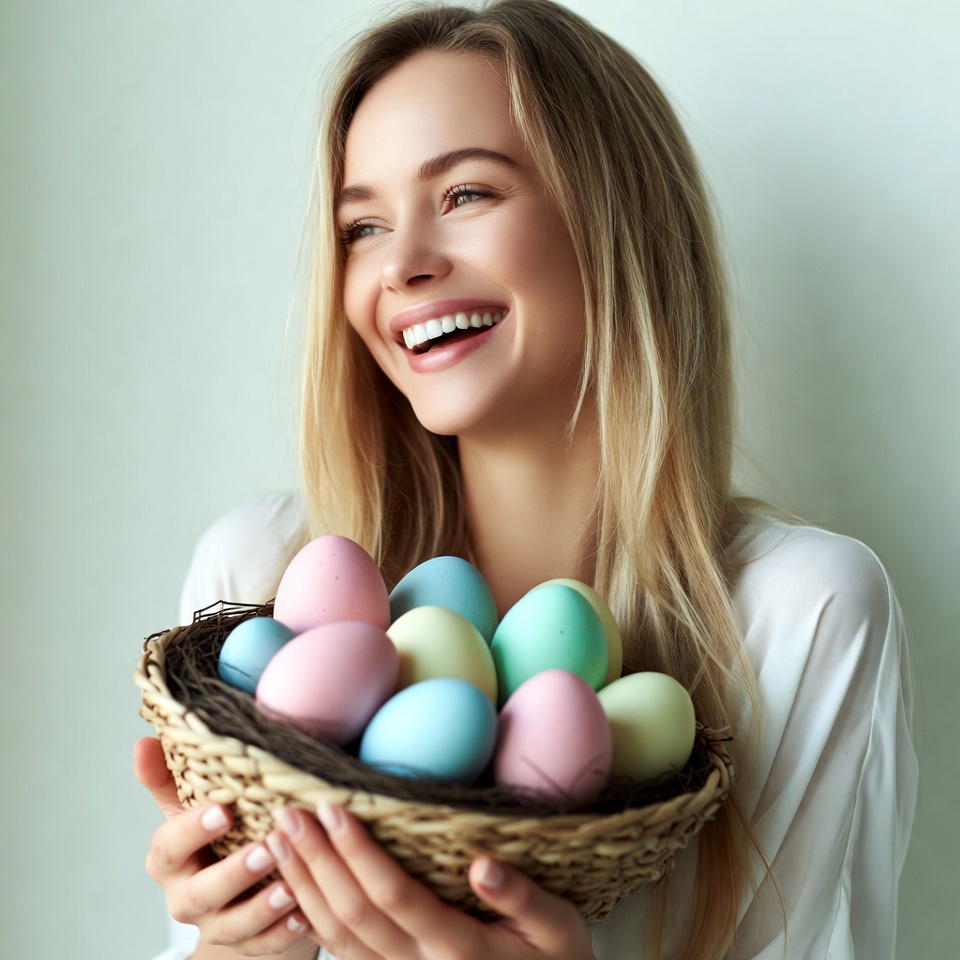 Blonde woman holding colorful Easter eggs Blonde woman holding colorful Easter eggs