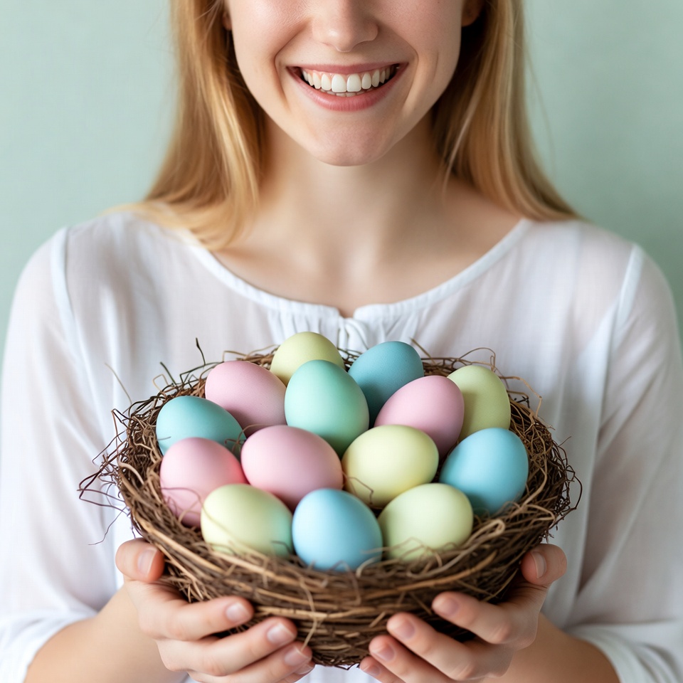 Blonde woman holding colorful Easter eggs Blonde woman holding colorful Easter eggs