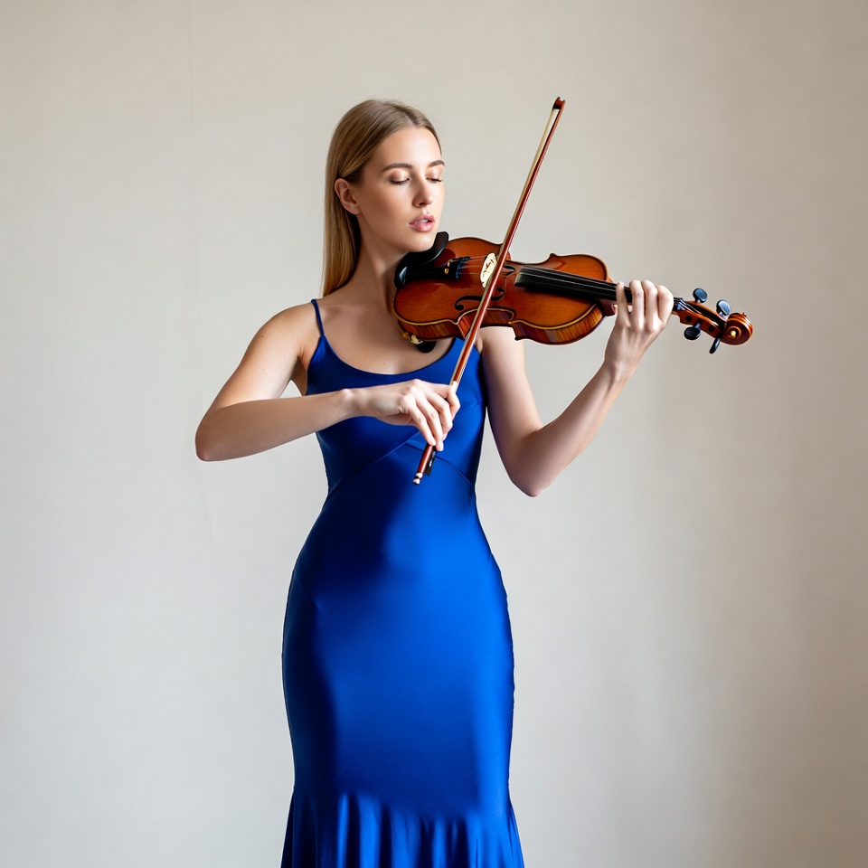 Woman playing violin in blue dress Woman playing violin in blue dress