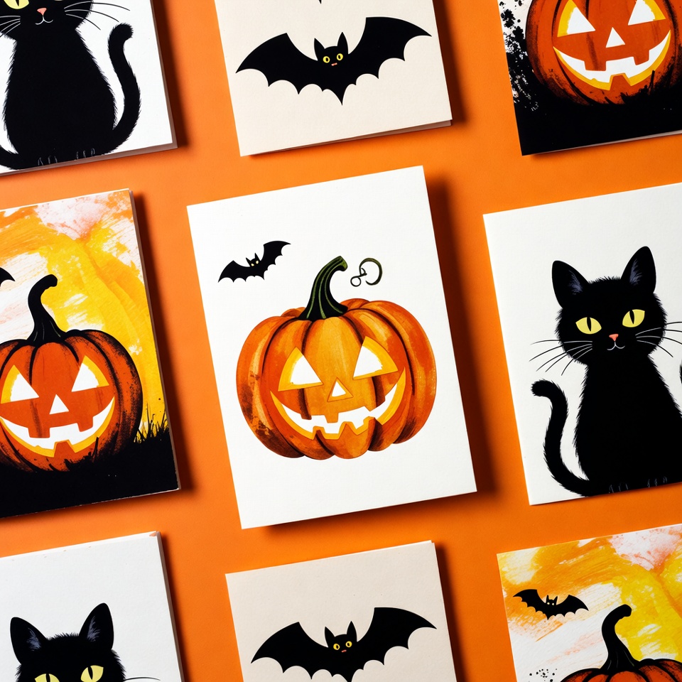Halloween Cards with Black Cats Pumpkins Bats Halloween Cards with Black Cats Pumpkins Bats