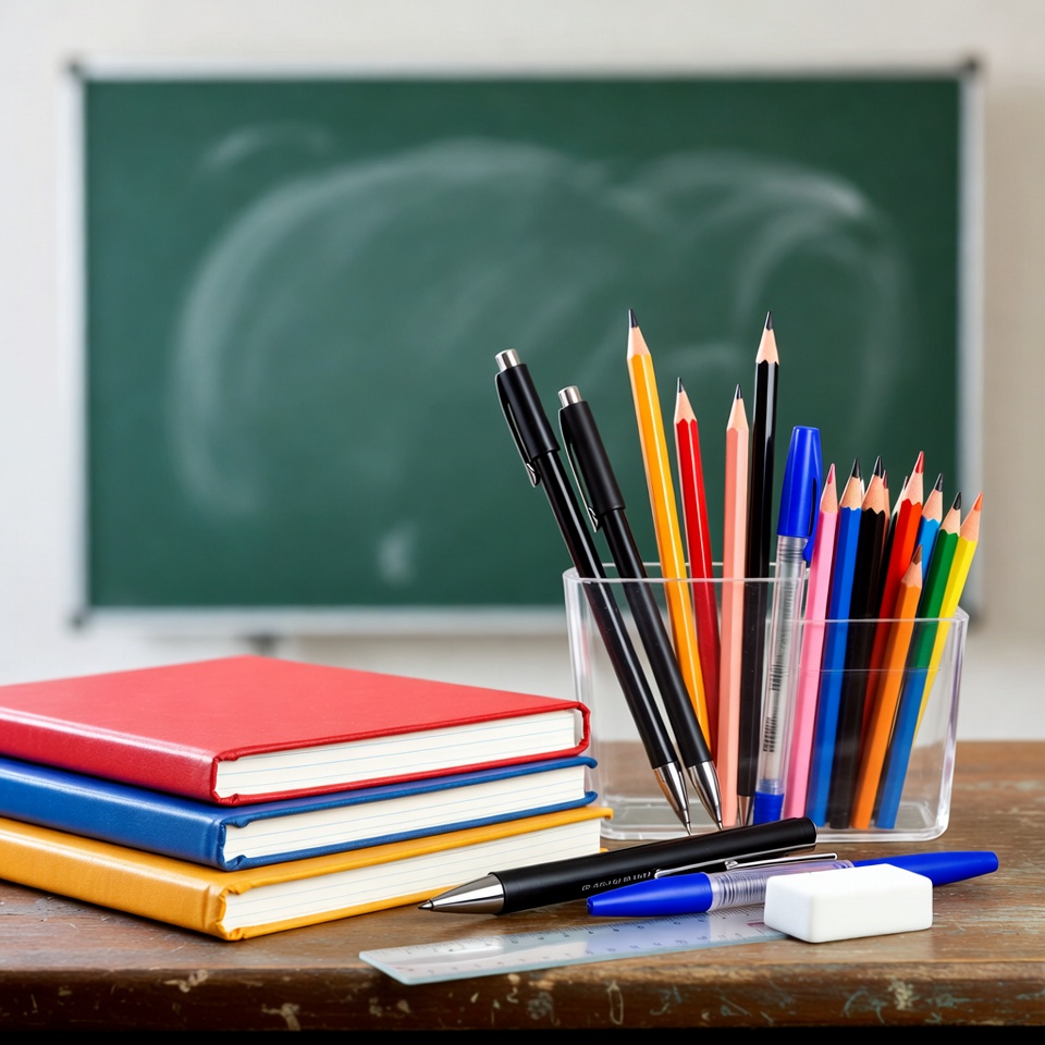 School Supplies on Desk with Chalkboard School Supplies on Desk with Chalkboard