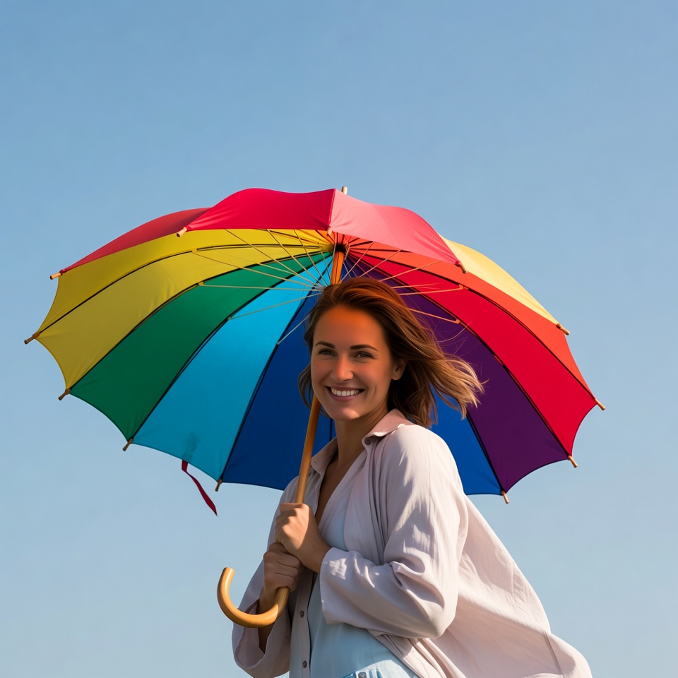 Smiling woman holding rainbow umbrella Smiling woman holding rainbow umbrella