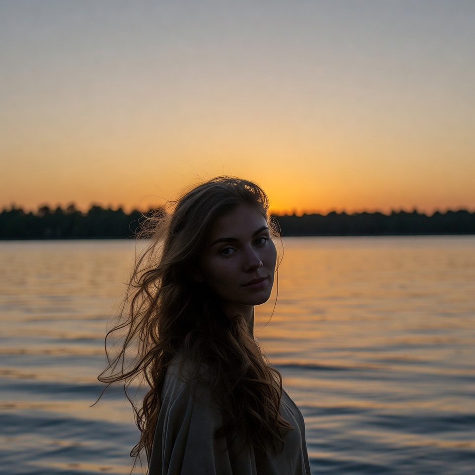Woman with flowing hair by sunset lake Woman with flowing hair by sunset lake