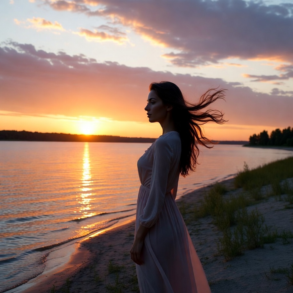 Woman silhouette at sunset lake Woman silhouette at sunset lake