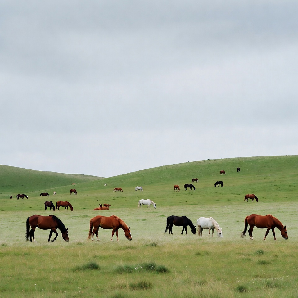 Horses grazing on green hillside Horses grazing on green hillside