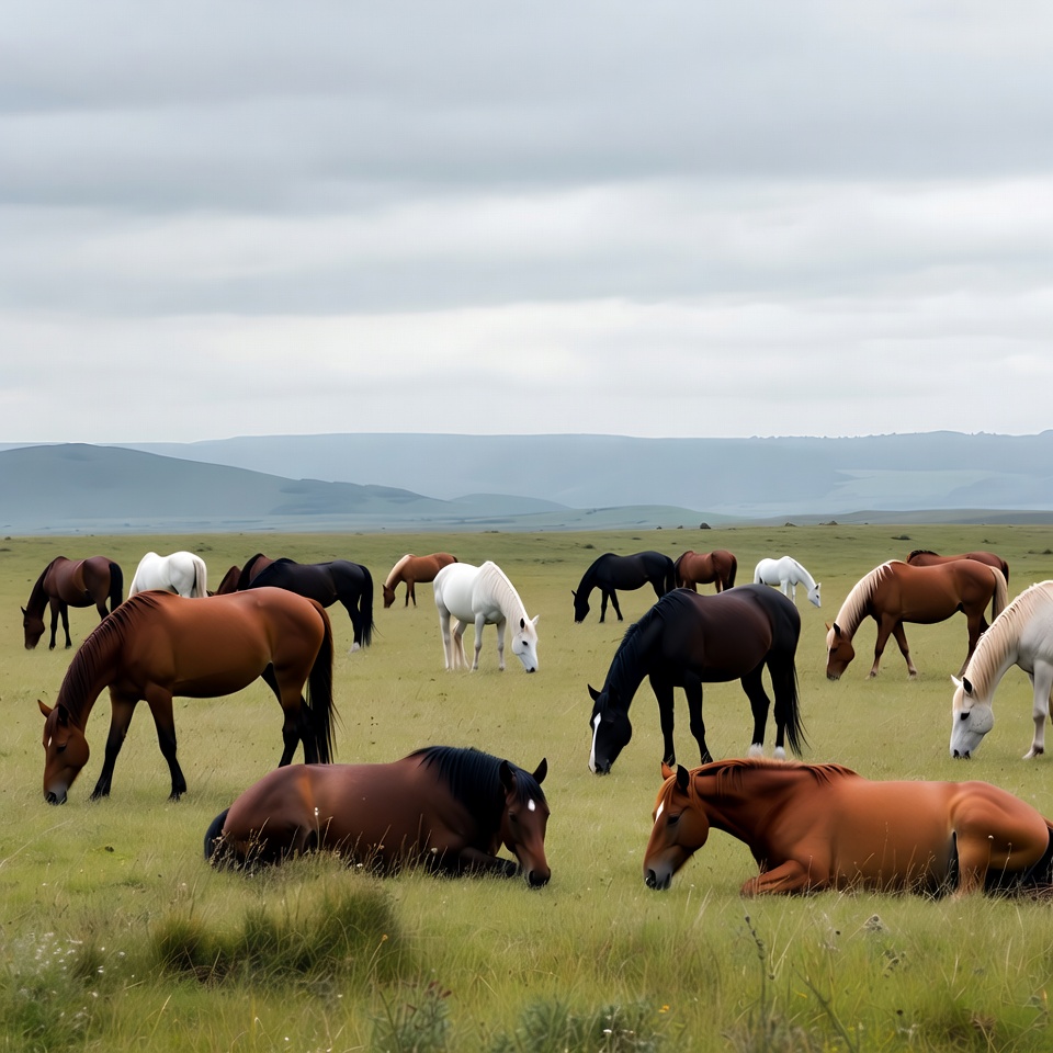 Herd of horses grazing in grassy field Herd of horses grazing in grassy field