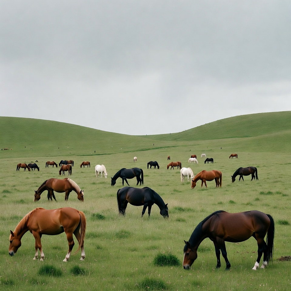 Herd of horses grazing in green field Herd of horses grazing in green field