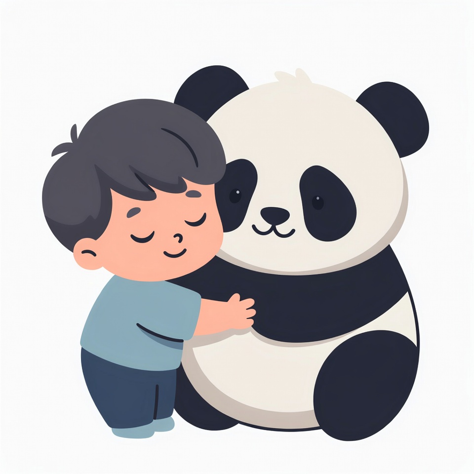Boy hugging cute panda illustration Boy hugging cute panda illustration