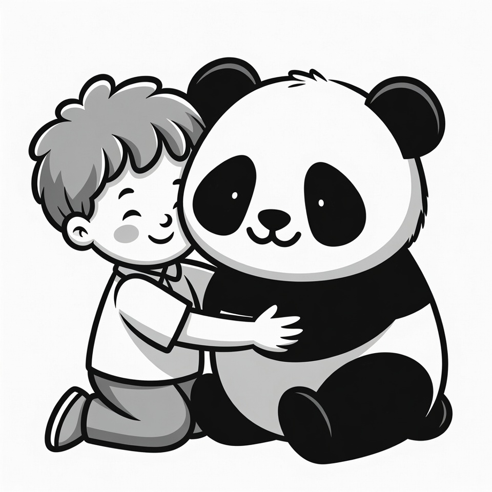 Boy hugging panda illustration Boy hugging panda illustration