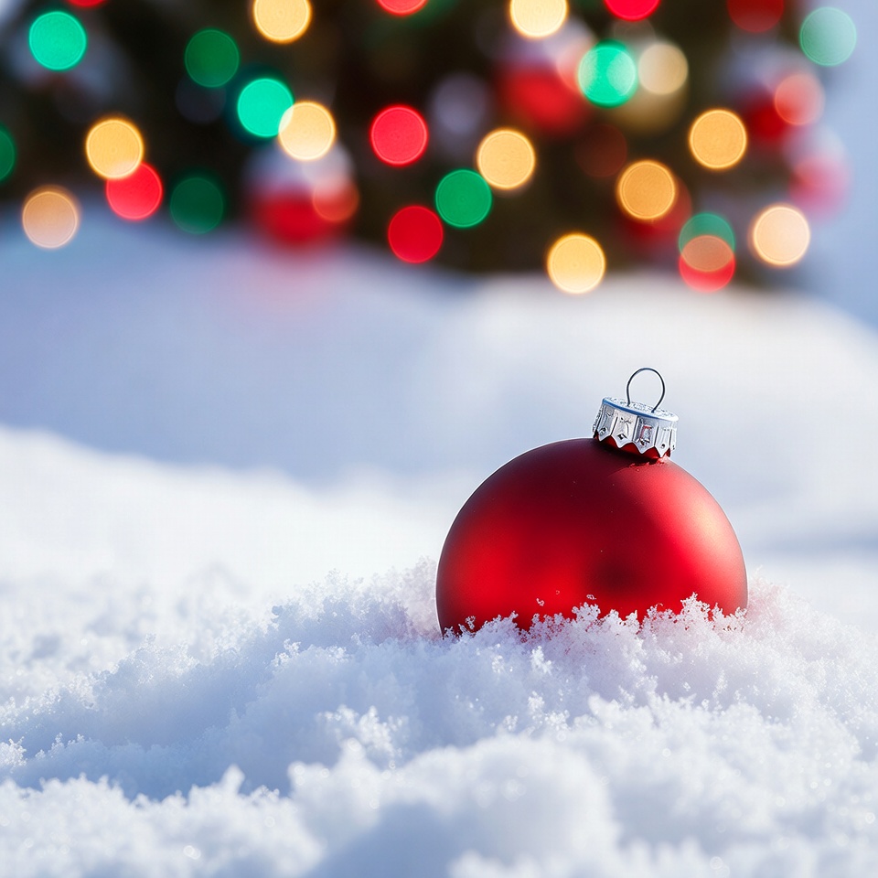 Red Christmas ornament on snow Red Christmas ornament on snow
