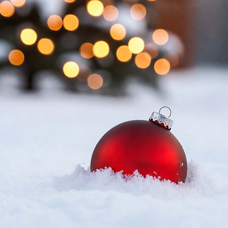 Red Christmas ornament in snow Red Christmas ornament in snow