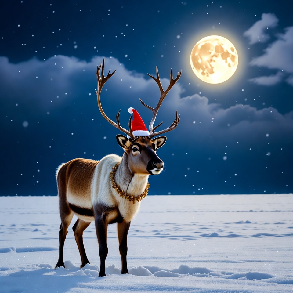 Reindeer wearing Santa hat in snowy night Reindeer wearing Santa hat in snowy night