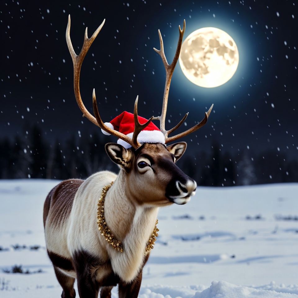 Reindeer wearing Santa hat in snow Reindeer wearing Santa hat in snow