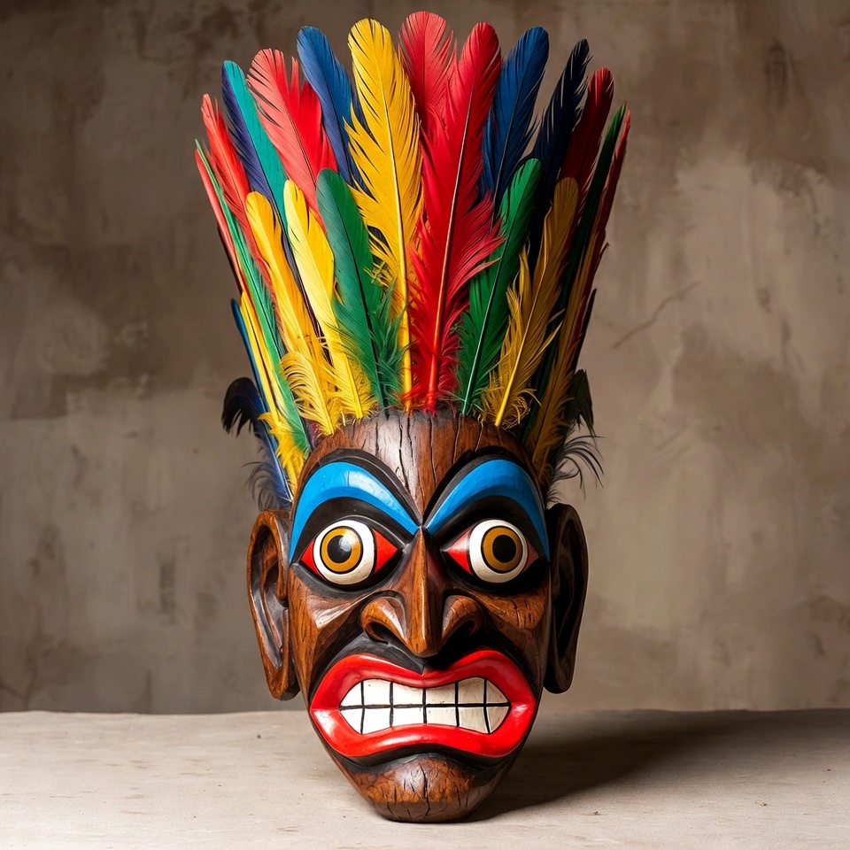 Colorful Feathered Wooden Tribal Mask Colorful Feathered Wooden Tribal Mask
