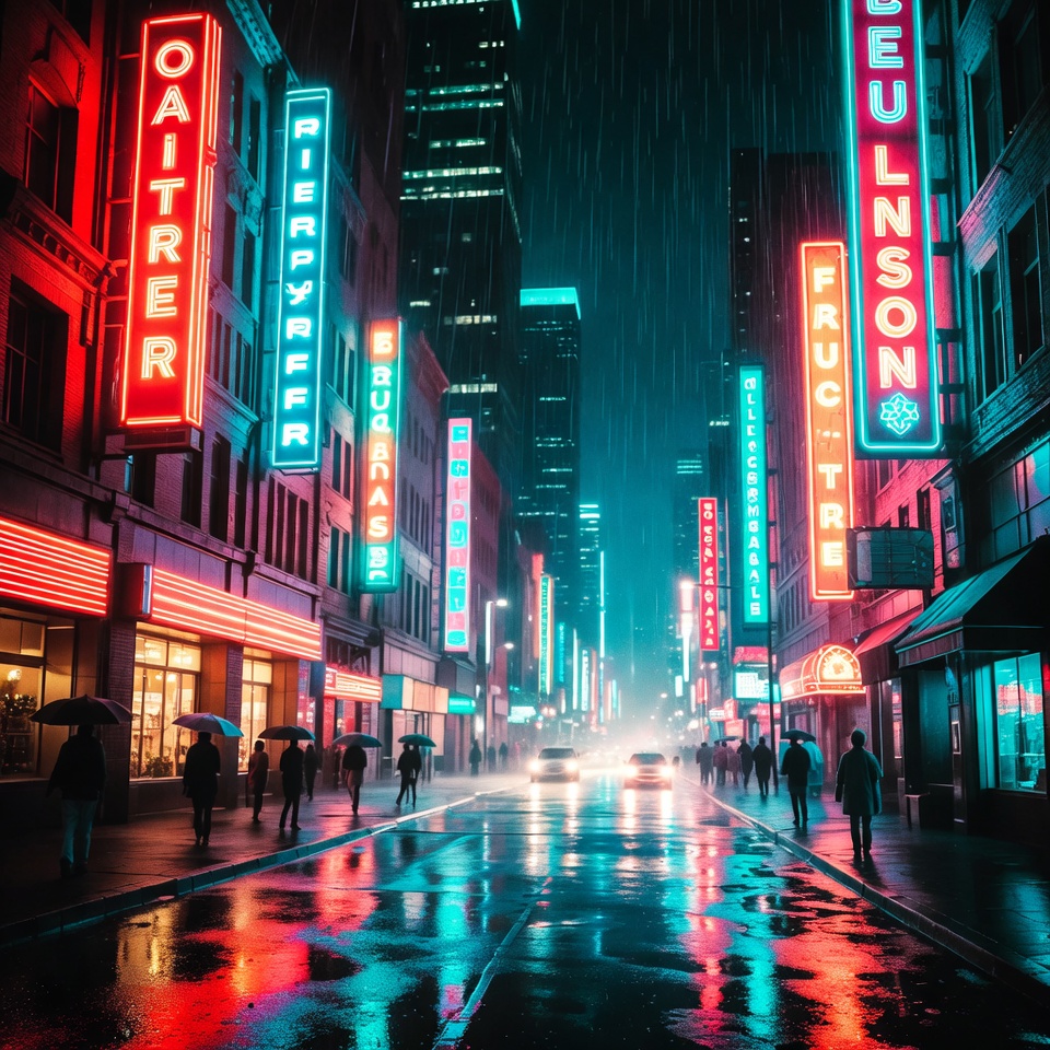 Neon-lit rainy city street at night Neon-lit rainy city street at night