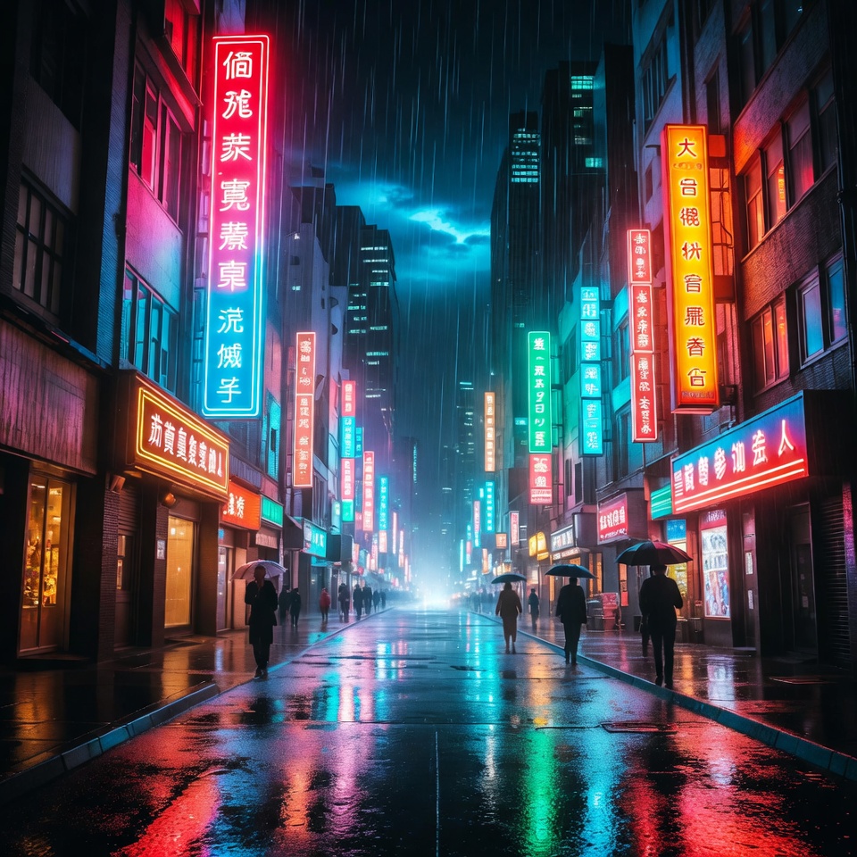 Rainy Neon-Lit Asian Street Night Rainy Neon-Lit Asian Street Night