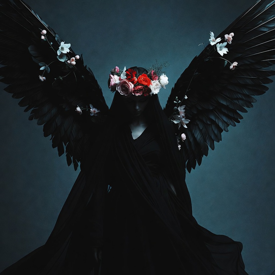 Woman with black wings and flower crown Woman with black wings and flower crown