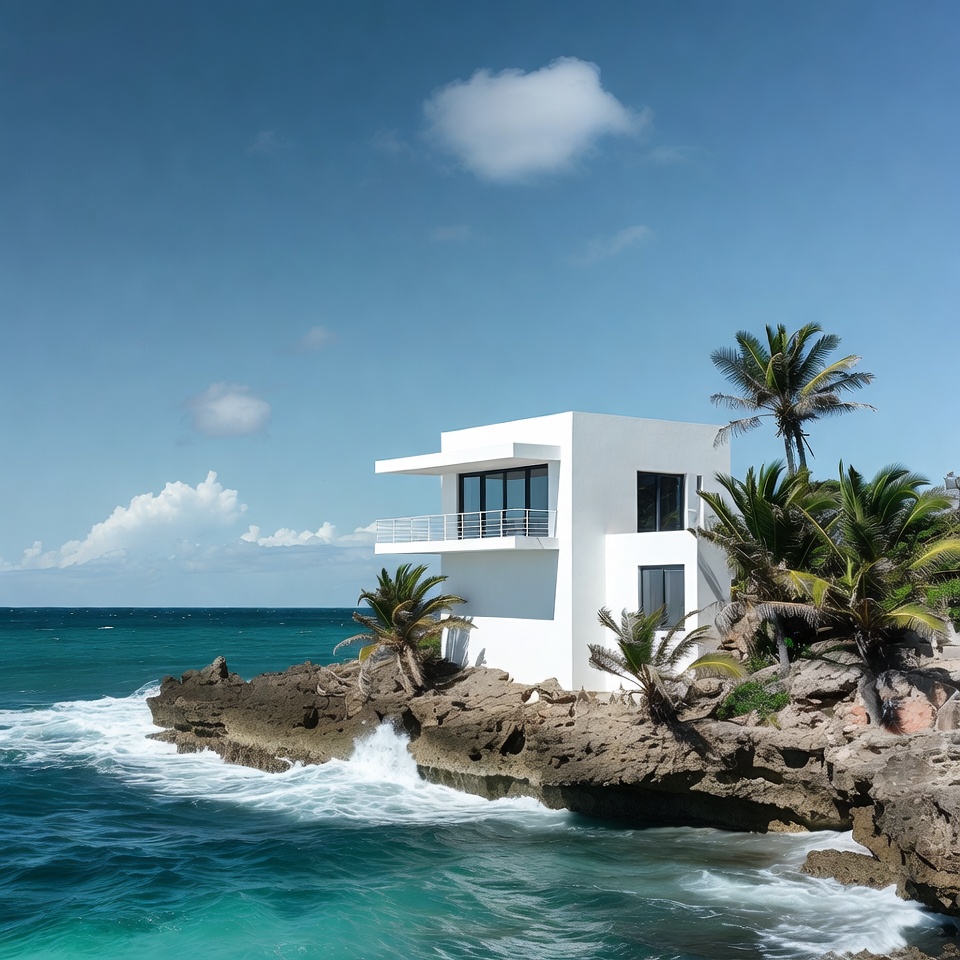 White modern house on ocean rocks White modern house on ocean rocks