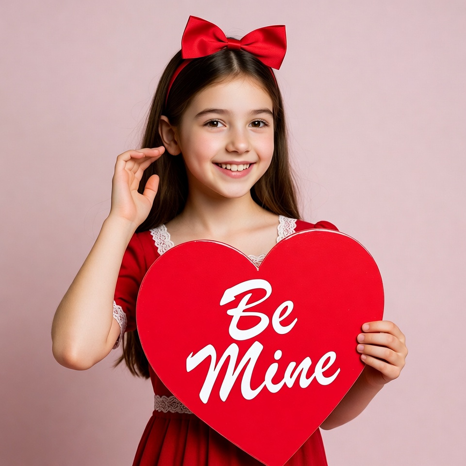 Girl holding Be Mine heart sign Girl holding Be Mine heart sign