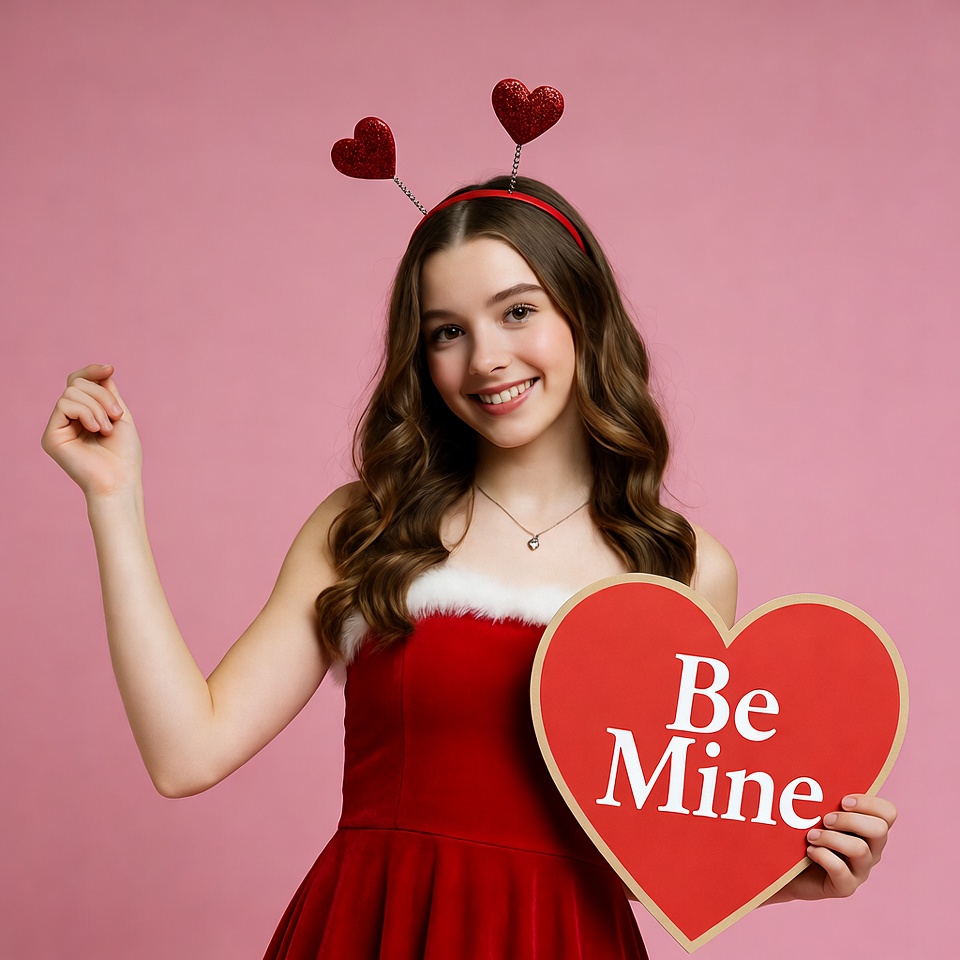 Girl in red Santa dress holding 'Be Mine' sign Girl in red Santa dress holding 'Be Mine' sign