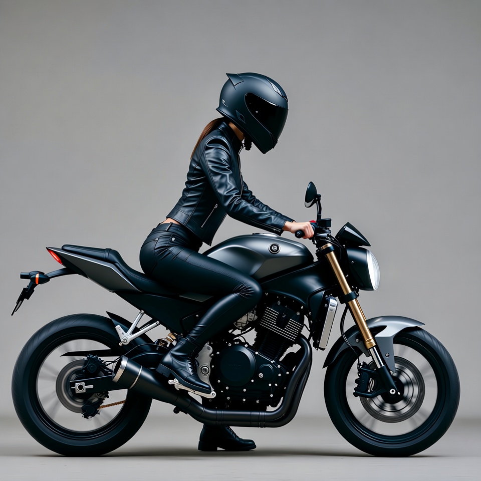 Woman in black helmet on motorcycle Woman in black helmet on motorcycle
